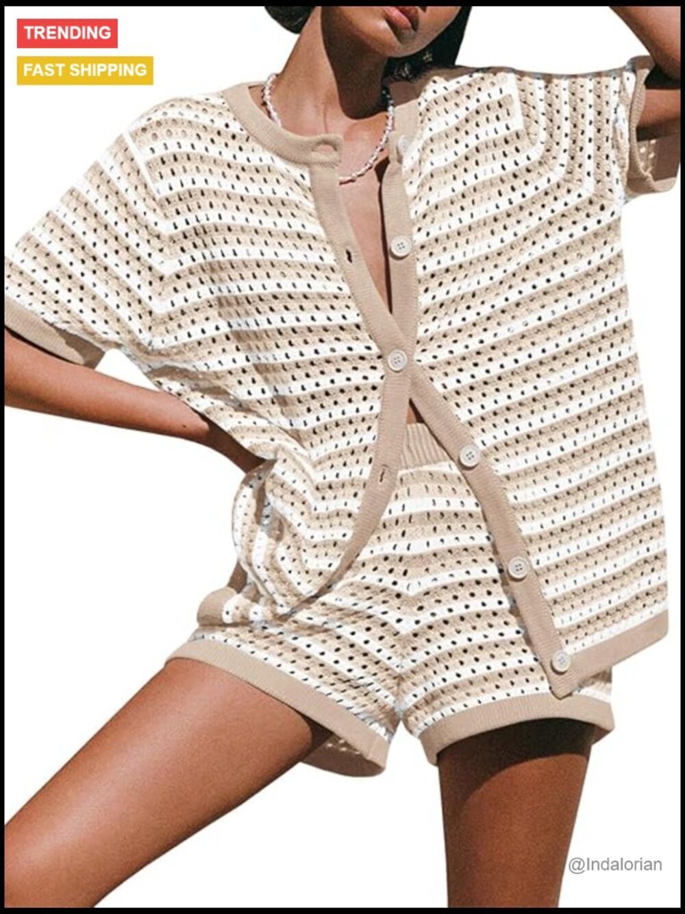 Crochet Knit Swimsuit Cover Up 2 Piece Short Set Button Down Top